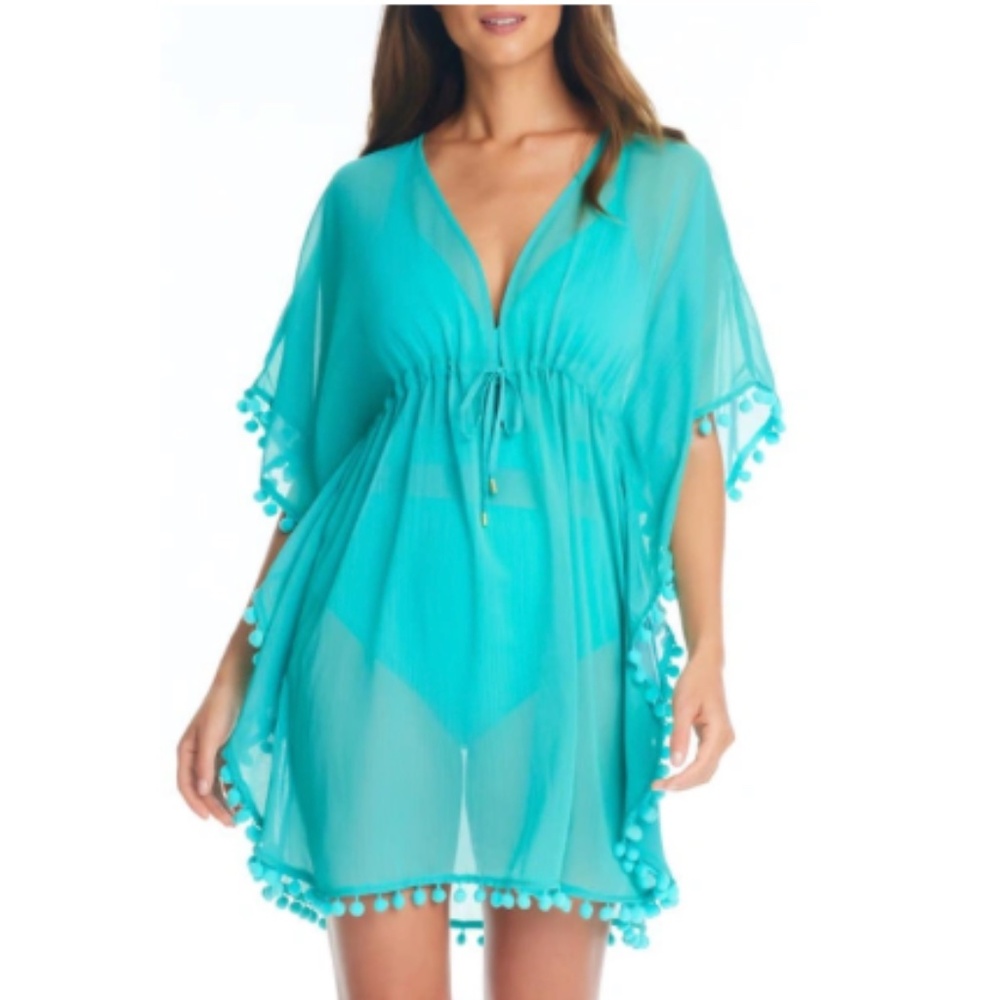 Pompom Sheer Cover-up Caftan In Bora Bleu